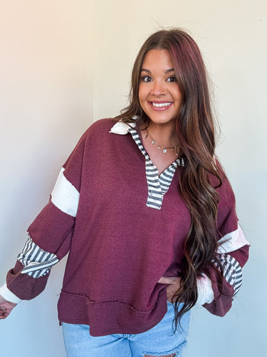 MAKE IT COUNT PULLOVER-BURGUNDY & CREAM