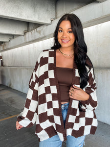 CHECK HER OUT CARDIGAN-BROWN & WHITE