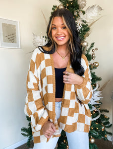CHECK HER OUT CARDIGAN-GOLD & WHITE